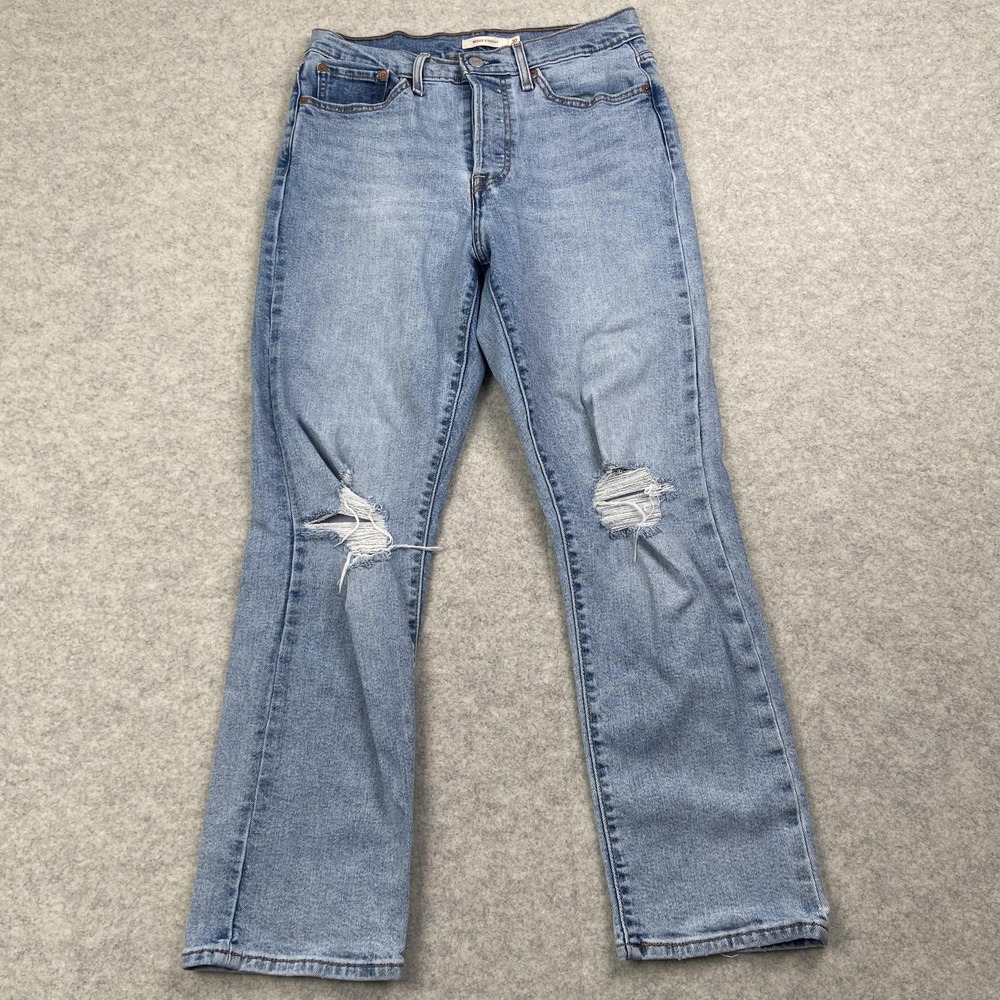 Levi's Wedgie Straight Jeans Womens 30 (28x26) Light Blue Distressed High Rise
